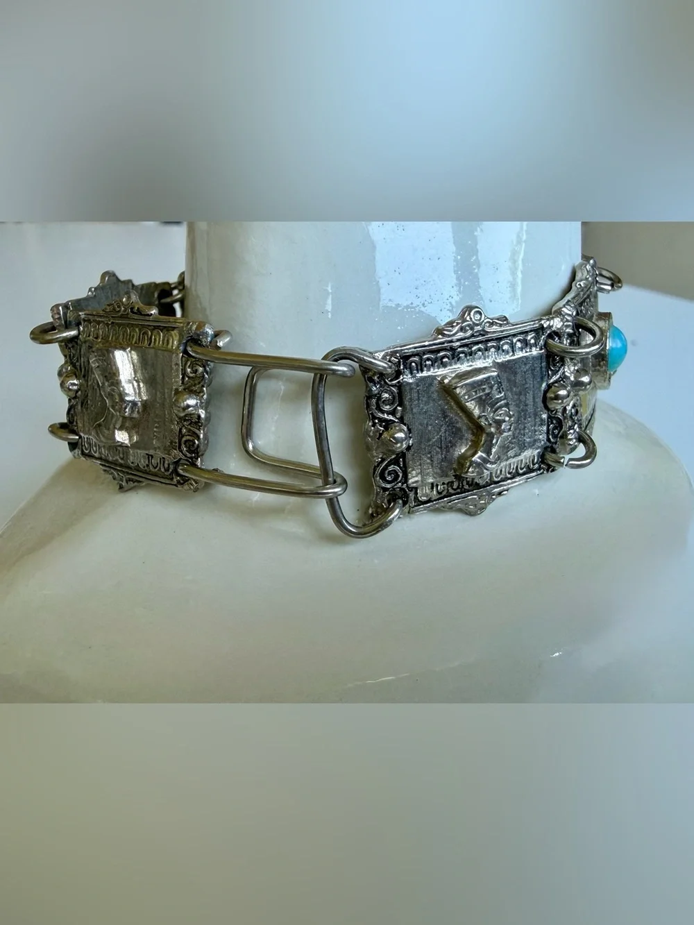 Vintage Silver Tone Egyptian Revival Panel Bracelet Turquoise Colored Cabochons